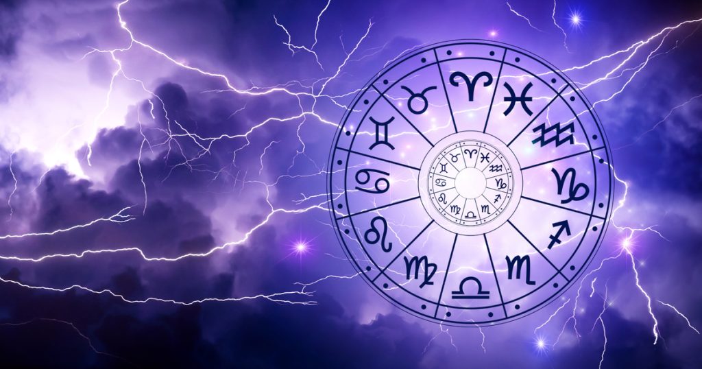 Zodiac signs inside of horoscope circle. Astrology in the sky with many stars and moons  astrology and horoscopes concept