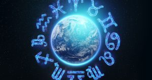 The image of the signs of the zodiac on the background of the planet earth and the starry sky. Horoscope, astrology, mysticism, karma, destiny.